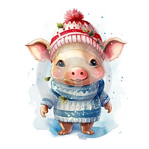 Generative AI, cute pig animal, pet in Christmas hat and ugly sweaters