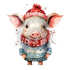Generative AI, cute pig animal, pet in Christmas hat and ugly sweaters