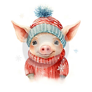 Generative AI, cute pig animal, pet in Christmas hat and ugly sweaters