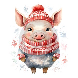 Generative AI, cute pig animal, pet in Christmas hat and ugly sweaters