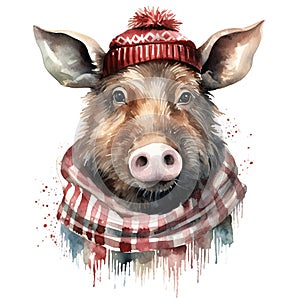 Generative AI, cute wild boar animal, Christmas hat and ugly sweaters