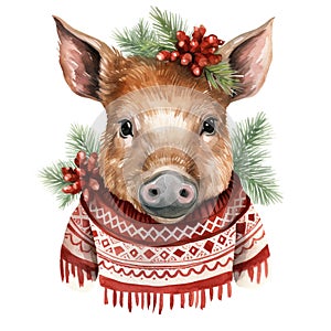 Generative AI, cute wild boar animal, Christmas hat and ugly sweaters