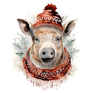 Generative AI, cute wild boar animal, Christmas hat and ugly sweaters