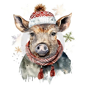 Generative AI, cute wild boar animal, Christmas hat and ugly sweaters