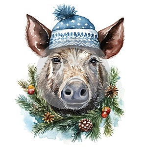 Generative AI, cute wild boar animal, Christmas hat and ugly sweaters