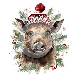 Generative AI, cute wild boar animal, Christmas hat and ugly sweaters