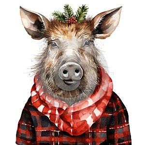 Generative AI, cute wild boar animal, Christmas hat and ugly sweaters