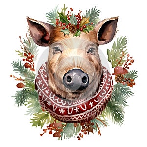 Generative AI, cute wild boar animal, Christmas hat and ugly sweaters