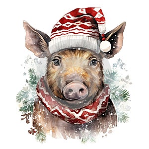 Generative AI, cute wild boar animal, Christmas hat and ugly sweaters