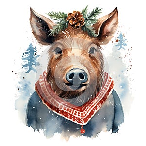 Generative AI, cute wild boar animal, Christmas hat and ugly sweaters