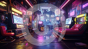Generative AI, Cyberpunk style game bar or cafe. Night scene of big city, futuristic nostalgic 80s, 90s.