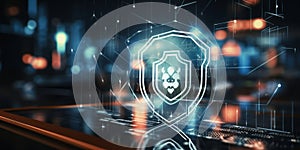 Cybersecurity and data protection concept with shield icon hologram over futuristic interface elements