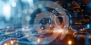Cybersecurity and data protection concept with shield icon hologram over futuristic interface elements