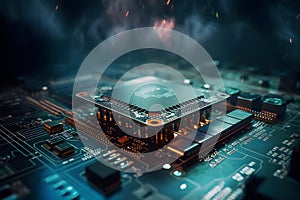 Generative AI. 3D Render of Neon Microchip Circuit Board with Floating Cloud