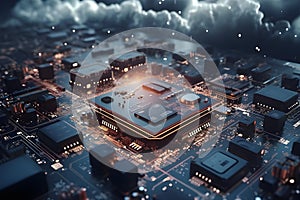 Generative AI. 3D Render of Neon Microchip Circuit Board with Floating Cloud