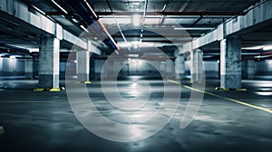 Generative AI Dark parking garage industrial room interior. Zoom blur perspective. business concept.