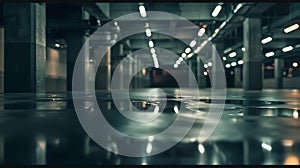 Generative AI Dark parking garage industrial room interior Zoom blur perspective business concept.