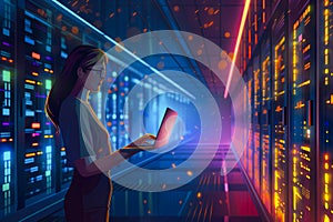 Data Center Female Programmer Using Laptop Computer, Maintenance IT Specialist. In Cloud Computing Server Farm Smiling System Admi