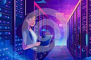 Data Center Female Programmer Using Laptop Computer, Maintenance IT Specialist. In Cloud Computing Server Farm Smiling System Admi