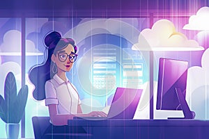 Data Center Female Programmer Using Laptop Computer, Maintenance IT Specialist. In Cloud Computing Server Farm Smiling System Admi