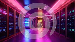 Generative AI, Data Center, modern high technology server room in purple neon colors. Modern telecommunications