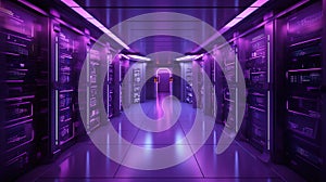 Generative AI, Data Center, modern high technology server room in purple neon colors. Modern telecommunications