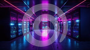 Generative AI, Data Center, modern high technology server room in purple neon colors. Modern telecommunications