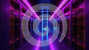 Generative AI, Data Center, modern high technology server room in purple neon colors. Modern telecommunications