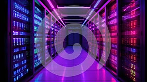 Generative AI, Data Center, modern high technology server room in purple neon colors. Modern telecommunications