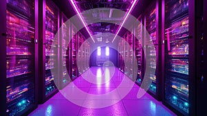 Generative AI, Data Center, modern high technology server room in purple neon colors. Modern telecommunications