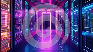 Generative AI, Data Center, modern high technology server room in purple neon colors. Modern telecommunications