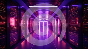 Generative AI, Data Center, modern high technology server room in purple neon colors. Modern telecommunications