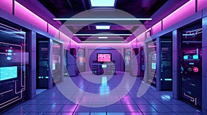 Generative AI, Data Center, modern high technology server room in purple neon colors. Modern telecommunications