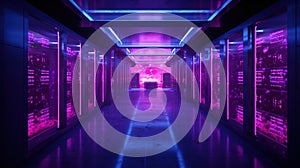 Generative AI, Data Center, modern high technology server room in purple neon colors. Modern telecommunications