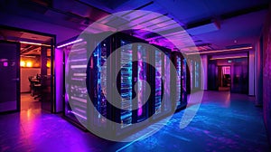 Generative AI, Data Center, modern high technology server room in purple neon colors. Modern telecommunications