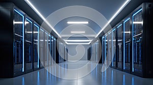 Generative AI Data Center Server Room Modern Bluelit Network Infrastructure for Cloud Computing and Information Te