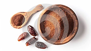 Generative AI Date fruit powder in wooden bowl with dry dates fruits isolated on white background Top view flat la