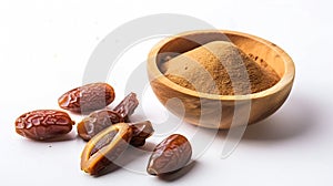 Generative AI Date fruit powder in wooden bowl with dry dates fruits isolated on white background Top view flat la