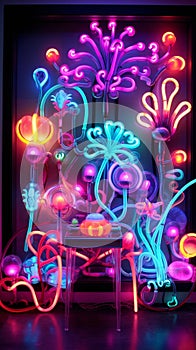 Generative ai. decoration interior bar or night club in neon blue and red lights. Party or nightlife entertainment