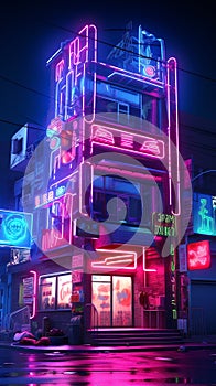 Generative ai. decoration interior bar or night club in neon blue and red lights. Party or nightlife entertainment