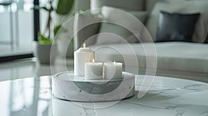 Generative AI Decorative candles on a concrete base on a marble table in a room Modern interior in the living room