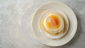 Generative AI Delicious condensed milk pudding on white plate Top view Copy space business concept.