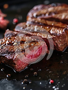 Generative AI Delicious sliced juicy beef ribeye fillet mignon steak . for poster or menu. cafe. closeup v