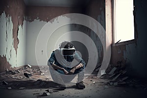 Generative AI of Depressed man wearing a VR headset in a post apocalyptic room: The Grief and Pain of a Virtual Reality Addict in