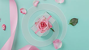 Generative AI design concept with pink rose flower and gift box on colored table background top view Happy Holiday