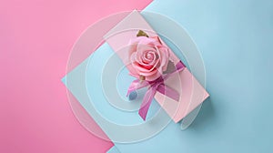Generative AI design concept with pink rose flower and gift box on colored table background top view Happy Holiday
