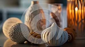 Generative AI Detail close up shot of various decorative objets on a table business concept. photo