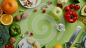 Generative AI Dieting concept Top view photo of plates with fruits vegetables nuts cutlery tape measure scales and