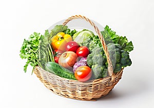 Generative AI Different fresh vegetables for eating healthy. Fresh vegetables in basket isolated on white backgrou