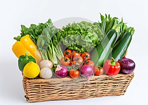 Generative AI Different fresh vegetables for eating healthy. Fresh vegetables in basket isolated on white backgrou